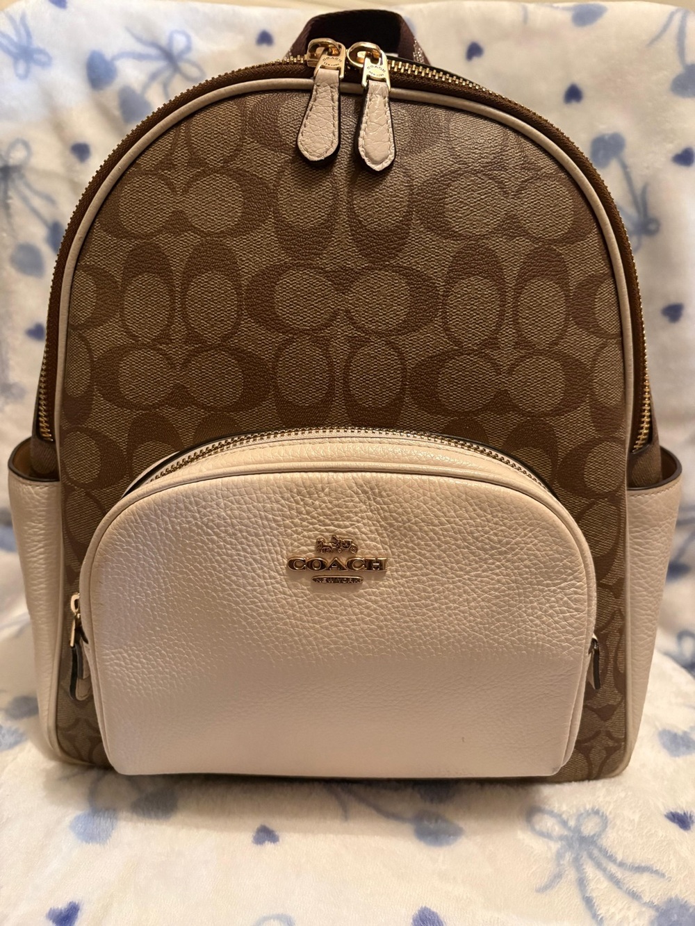 Coach Brown Signature Canvas Backpack with Chalk Front Pocket